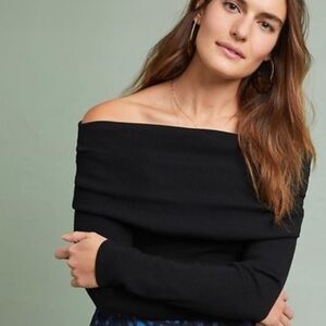Anthropologie Shelby Black Pullover Off Shoulder Sweater Wide Ribbed Neckline MD